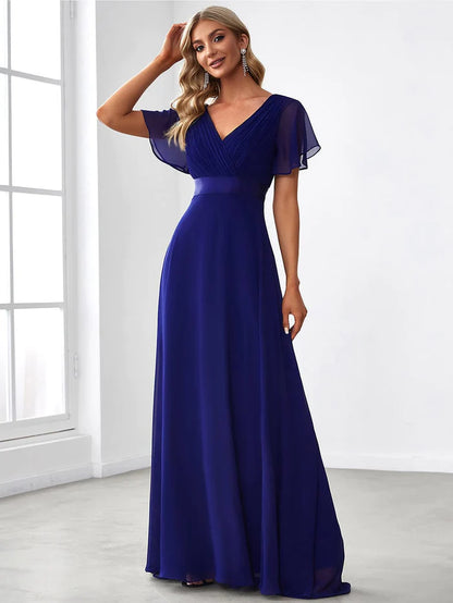 Wholesa High Waist Maxi Chiffon Bridesmaid Dress with Short Sleeves