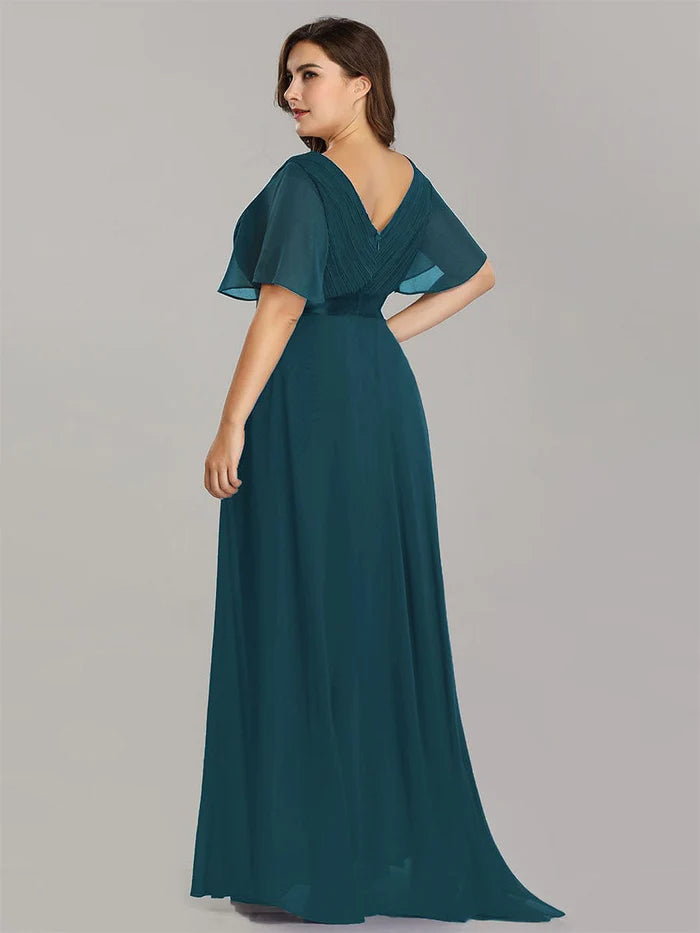 Wholesa High Waist Maxi Chiffon Bridesmaid Dress with Short Sleeves