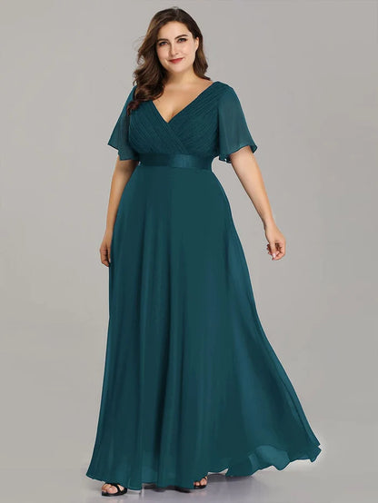 Wholesa High Waist Maxi Chiffon Bridesmaid Dress with Short Sleeves