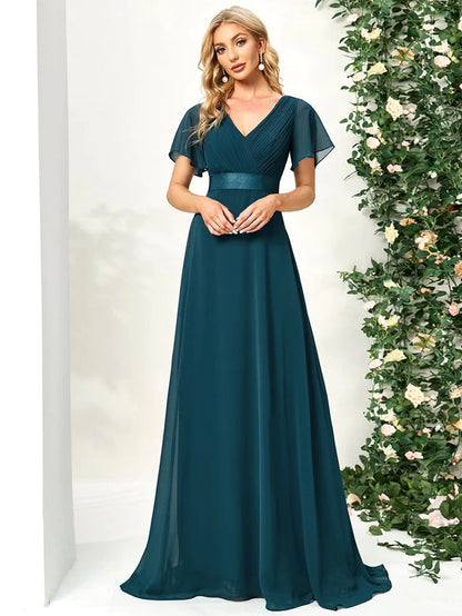 Wholesa High Waist Maxi Chiffon Bridesmaid Dress with Short Sleeves