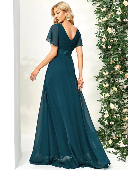 Wholesa High Waist Maxi Chiffon Bridesmaid Dress with Short Sleeves