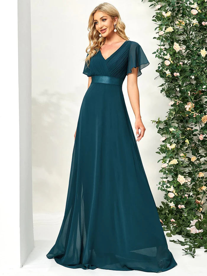 Wholesa High Waist Maxi Chiffon Bridesmaid Dress with Short Sleeves