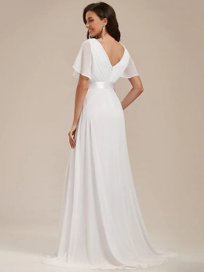 Wholesa Empire Waist Floor Length Bridesmaid Dress with Short Flutter Sleeves