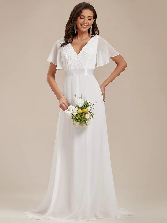 Wholesa Empire Waist Floor Length Bridesmaid Dress with Short Flutter Sleeves