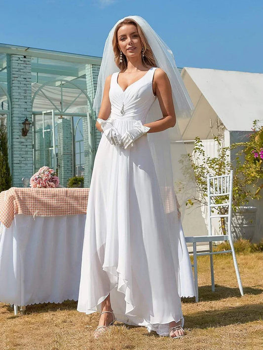 Wholesa Simple V Neck Chiffon Wedding Dress with Asymmetric Hem