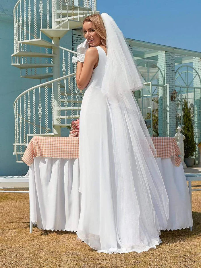 Wholesa Simple V Neck Chiffon Wedding Dress with Asymmetric Hem