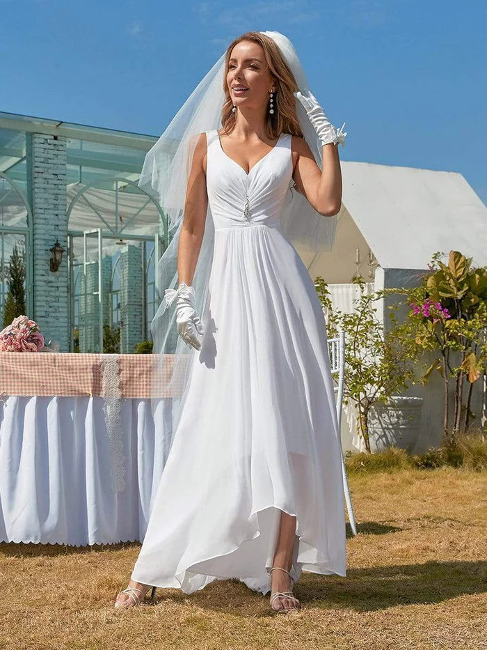 Wholesa Simple V Neck Chiffon Wedding Dress with Asymmetric Hem