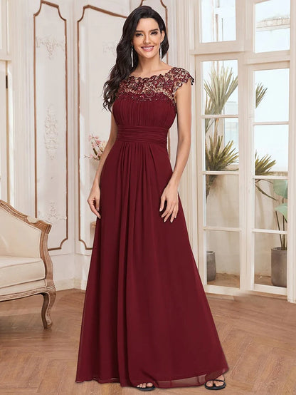 Wholesa Elegant Lace Cap Sleeve Maxi Long Chiffon Bridesmaid Dress