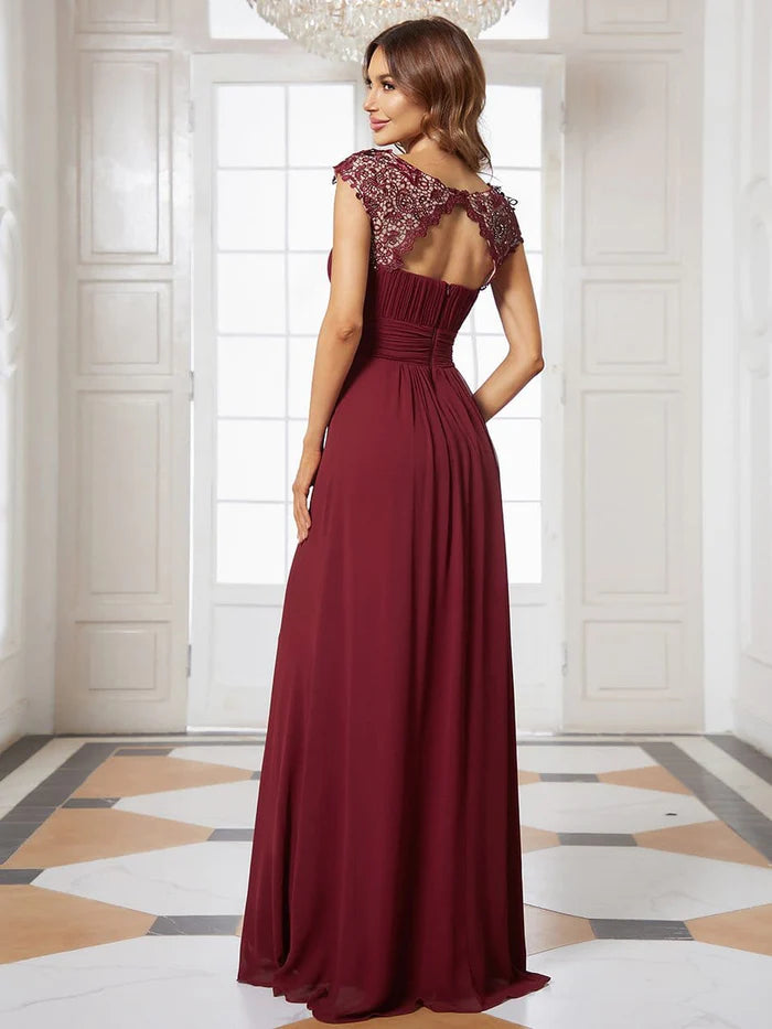 Wholesa Elegant Lace Cap Sleeve Maxi Long Chiffon Bridesmaid Dress