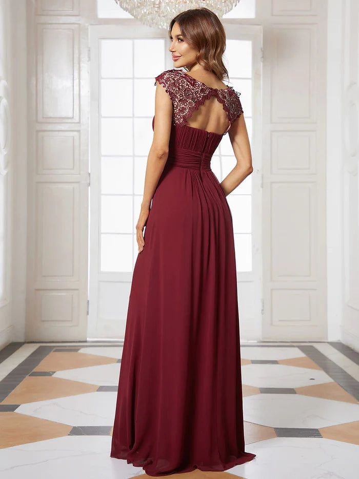 Wholesa Elegant Maxi Long Lace Cap Sleeve Bridesmaid Dress