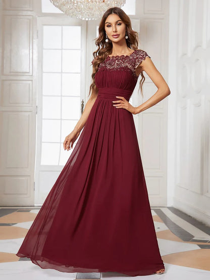 Wholesa Elegant Lace Cap Sleeve Maxi Long Chiffon Bridesmaid Dress