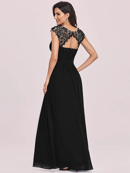 Wholesa Flattering A-Line Chiffon Lace Evening Dress for Wedding with Cap Sleeve