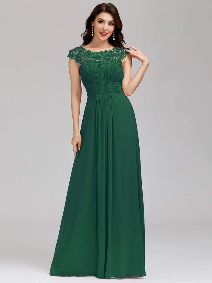 Wholesa Elegant Lace Cap Sleeve Maxi Long Chiffon Bridesmaid Dress