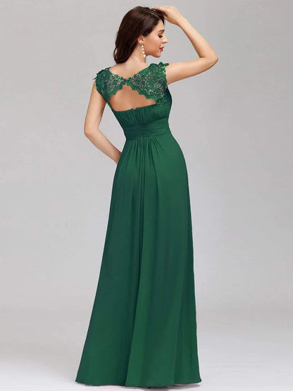 Wholesa Elegant Lace Cap Sleeve Maxi Long Chiffon Bridesmaid Dress