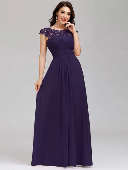 Wholesa Elegant Lace Cap Sleeve Maxi Long Chiffon Bridesmaid Dress