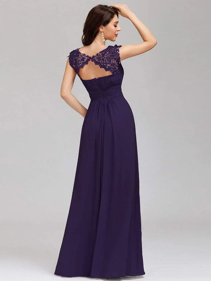 Wholesa Elegant Lace Cap Sleeve Maxi Long Chiffon Bridesmaid Dress