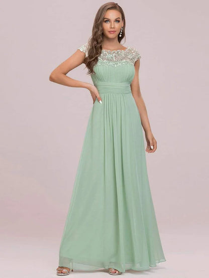 Wholesa Elegant Lace Cap Sleeve Maxi Long Chiffon Bridesmaid Dress