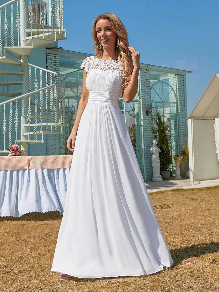 Wholesa Plain Pleated Chiffon Wedding Dress with Lace Decorations