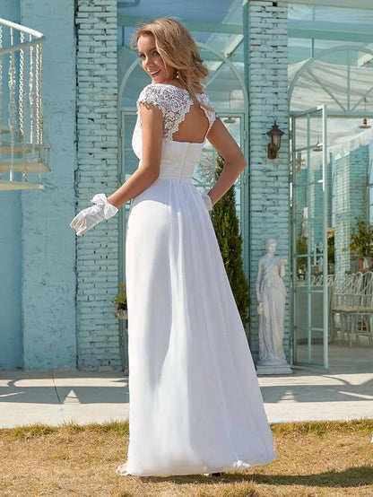 Wholesa Plain Pleated Chiffon Wedding Dress with Lace Decorations