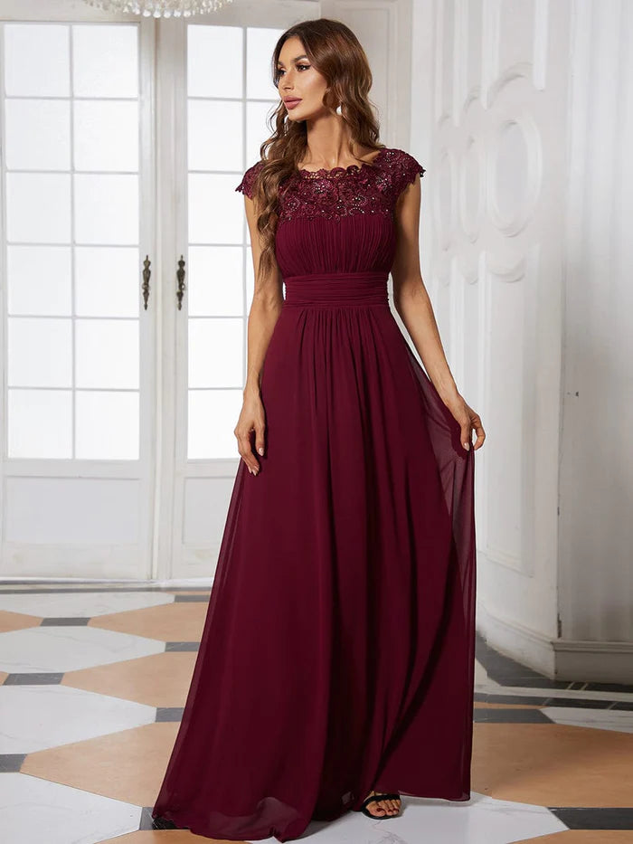 Wholesa Flattering A-Line Chiffon Lace Evening Dress for Wedding with Cap Sleeve