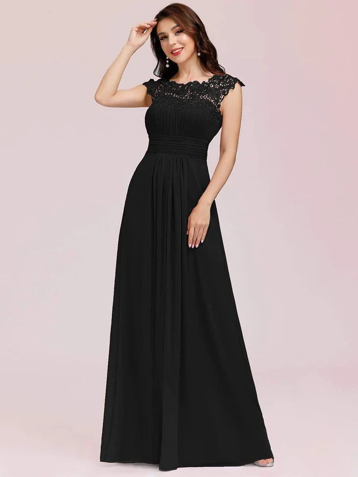 Wholesa Elegant Maxi Long Lace Cap Sleeve Bridesmaid Dress