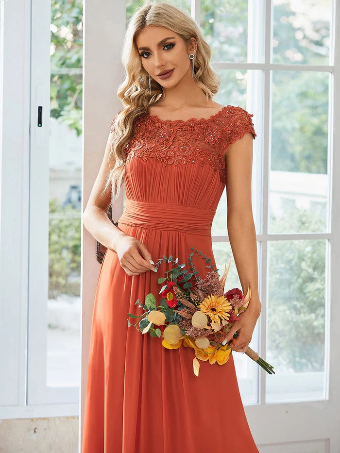 Wholesa Maxi Long Lace Cap Sleeve Elegant Bridesmaid Dress