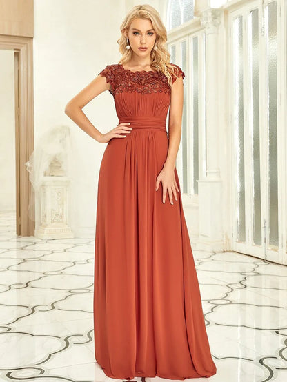 Wholesa Maxi Long Lace Cap Sleeve Elegant Bridesmaid Dress