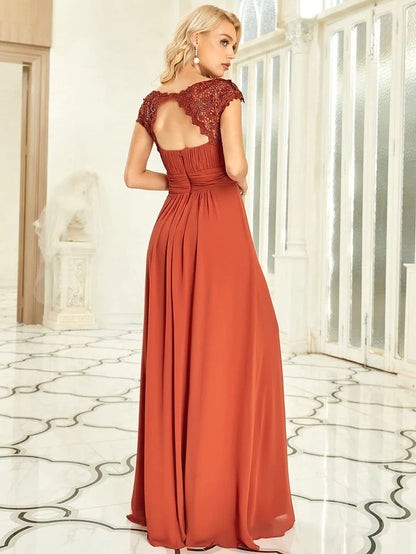 Wholesa Maxi Long Lace Cap Sleeve Elegant Bridesmaid Dress