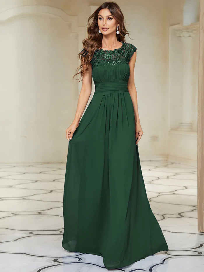 Wholesa Elegant Maxi Long Lace Cap Sleeve Bridesmaid Dress