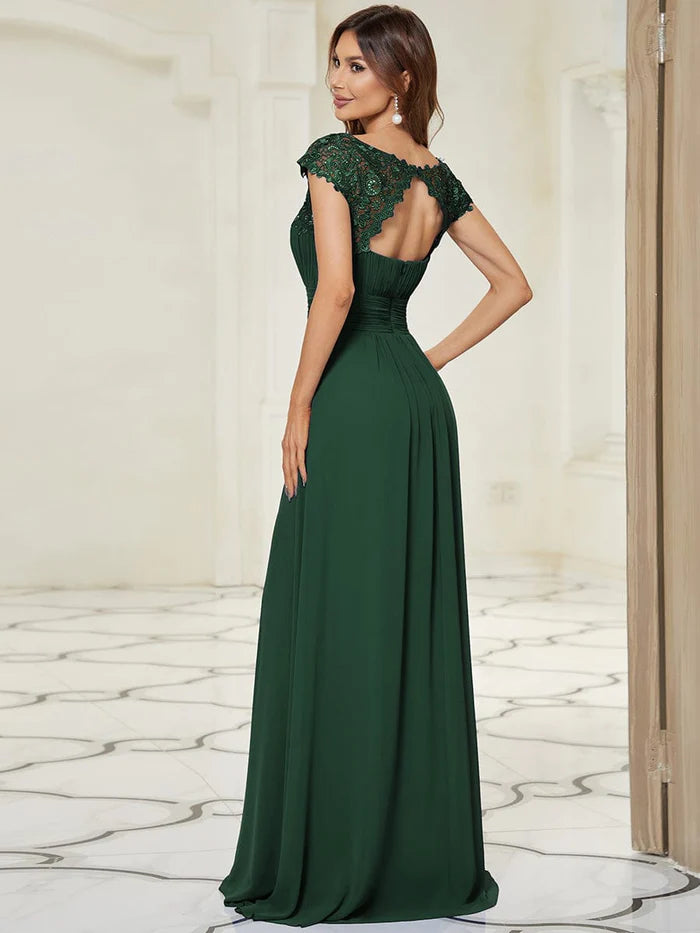 Wholesa Elegant Maxi Long Lace Cap Sleeve Bridesmaid Dress