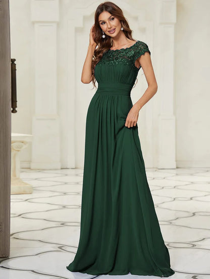 Wholesa Elegant Maxi Long Lace Cap Sleeve Bridesmaid Dress