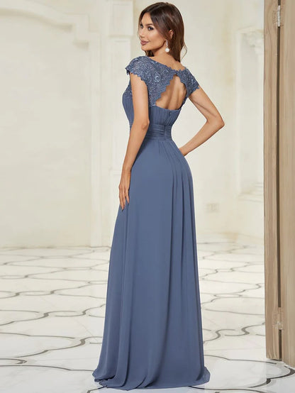 Wholesa Maxi Long Lace Cap Sleeve Elegant Bridesmaid Dress