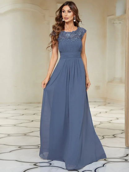 Wholesa Maxi Long Lace Cap Sleeve Elegant Bridesmaid Dress