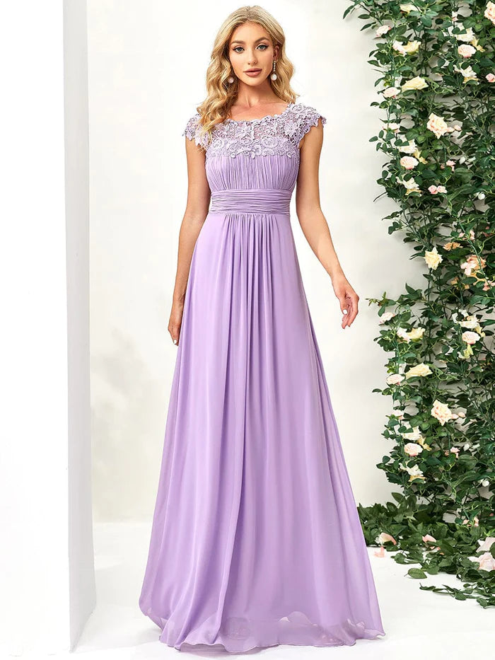 Wholesa Maxi Long Lace Cap Sleeve Elegant Bridesmaid Dress