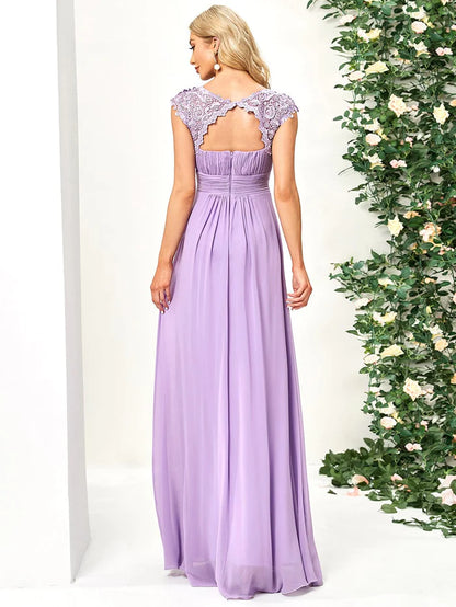 Wholesa Maxi Long Lace Cap Sleeve Elegant Bridesmaid Dress