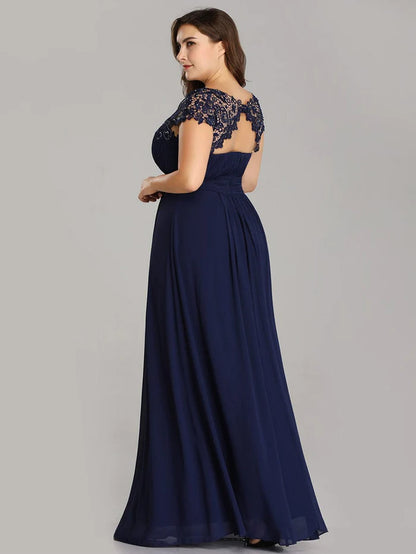 Wholesa Flattering A-Line Chiffon Lace Evening Dress for Wedding with Cap Sleeve