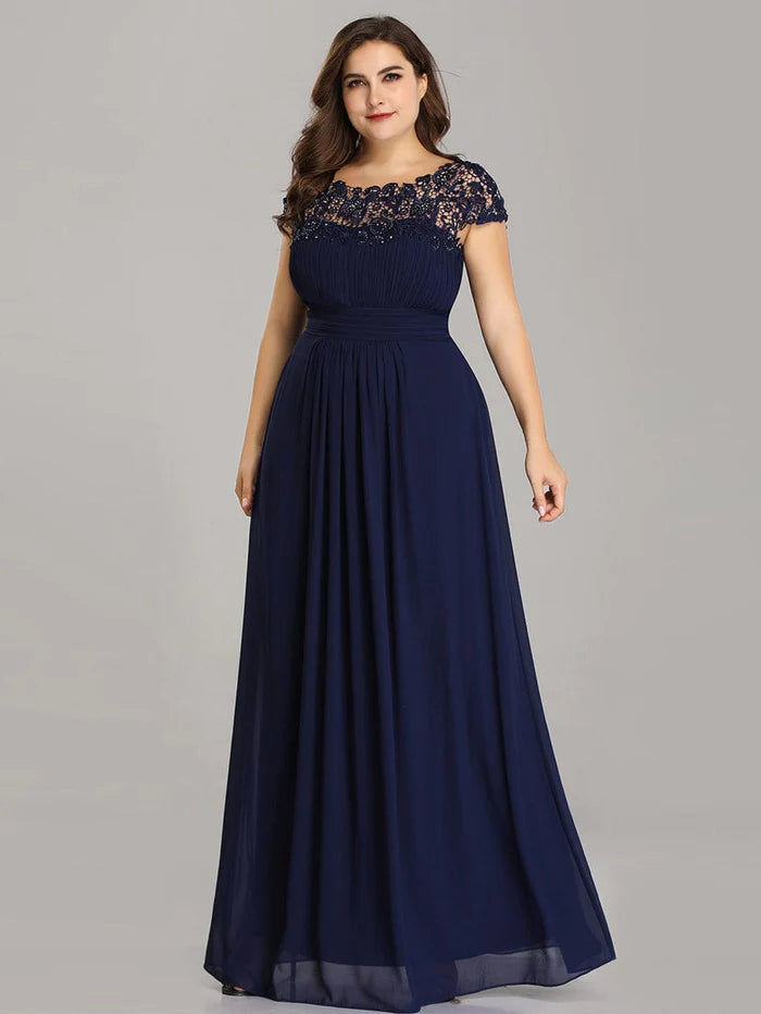 Wholesa Flattering A-Line Chiffon Lace Evening Dress for Wedding with Cap Sleeve