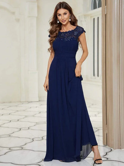 Wholesa Flattering A-Line Chiffon Lace Evening Dress for Wedding with Cap Sleeve