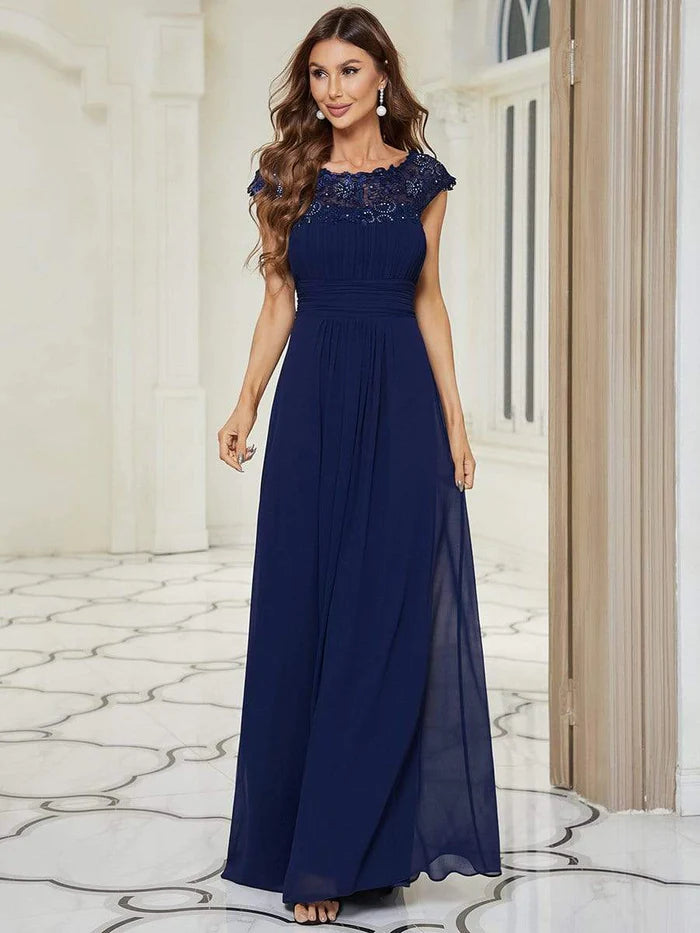 Wholesa Flattering A-Line Chiffon Lace Evening Dress for Wedding with Cap Sleeve