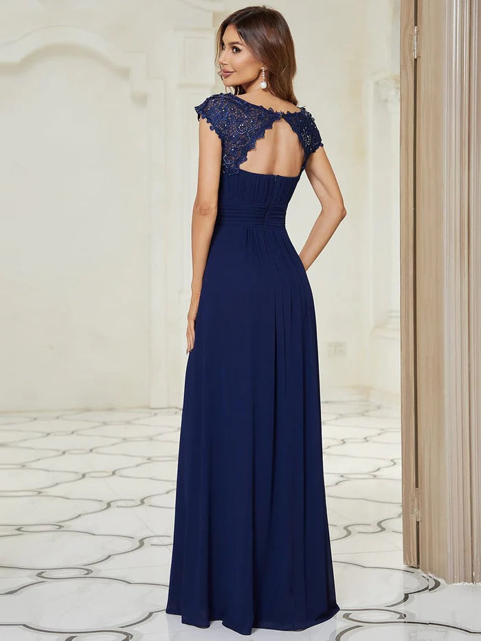 Wholesa Maxi Long Lace Cap Sleeve Elegant Bridesmaid Dress