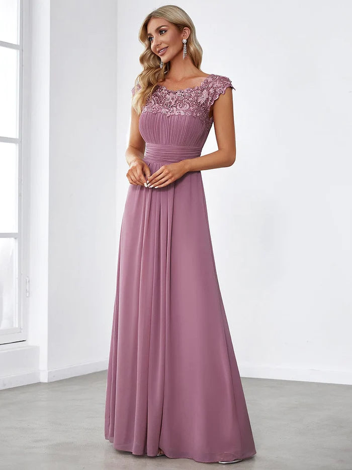 Wholesa Elegant Maxi Long Lace Cap Sleeve Bridesmaid Dress