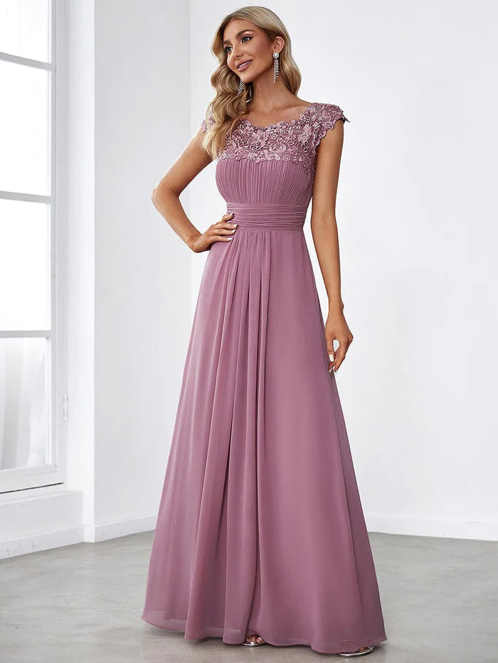 Wholesa Elegant Maxi Long Lace Cap Sleeve Bridesmaid Dress