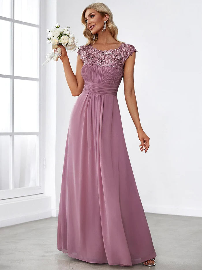 Wholesa Elegant Maxi Long Lace Cap Sleeve Bridesmaid Dress