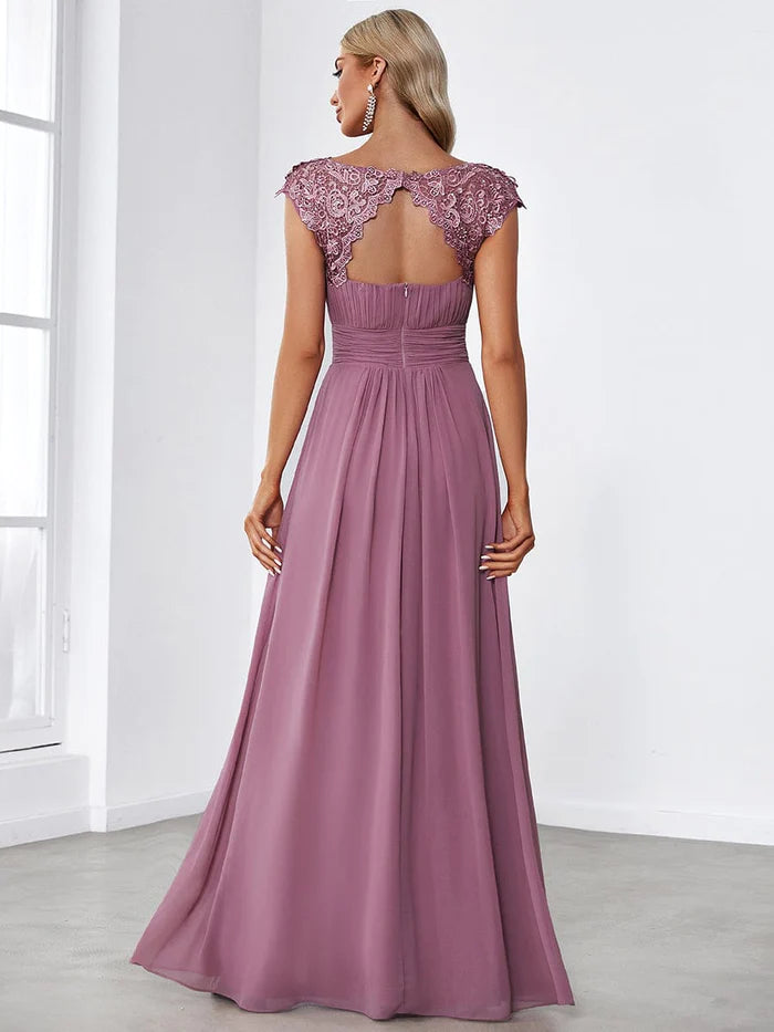 Wholesa Elegant Maxi Long Lace Cap Sleeve Bridesmaid Dress