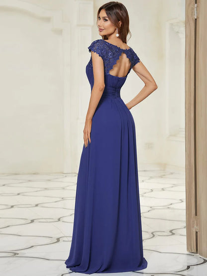 Wholesa Elegant Maxi Long Lace Cap Sleeve Bridesmaid Dress