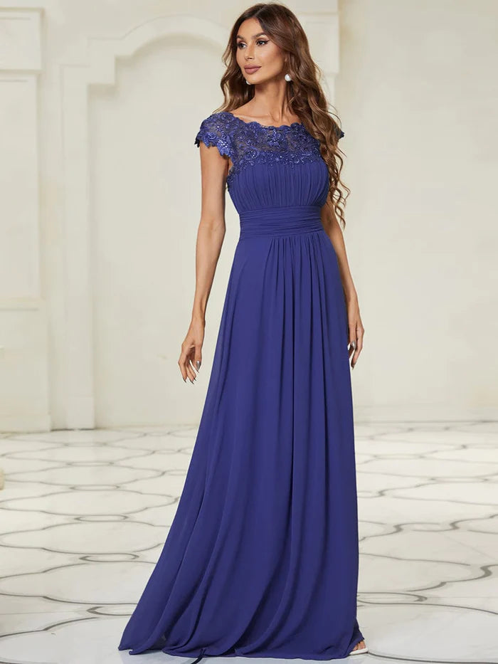 Wholesa Elegant Maxi Long Lace Cap Sleeve Bridesmaid Dress