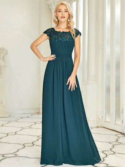 Wholesa Flattering A-Line Chiffon Lace Evening Dress for Wedding with Cap Sleeve