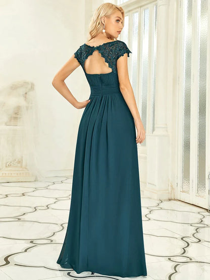 Wholesa Flattering A-Line Chiffon Lace Evening Dress for Wedding with Cap Sleeve