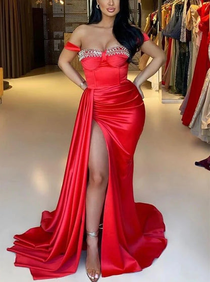 Red Split Mermaid Off The Shoulder Beadings Sweetheart Evening Dress Long With Ruffles Sexy