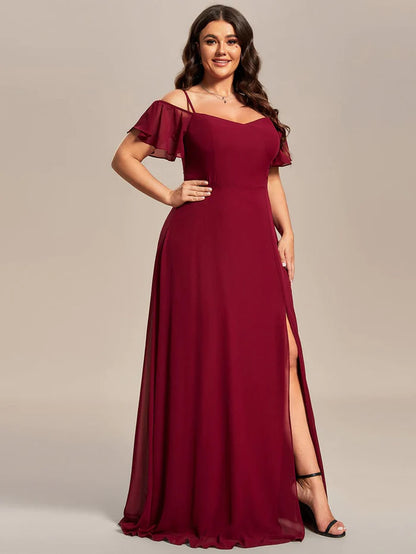 Wholesa Stylish Cold-Shoulder Floor Length Bridesmaid Dress with Side Slit